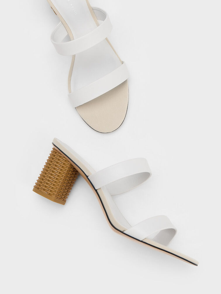 Rattan Block Heel Sandals, White, hi-res