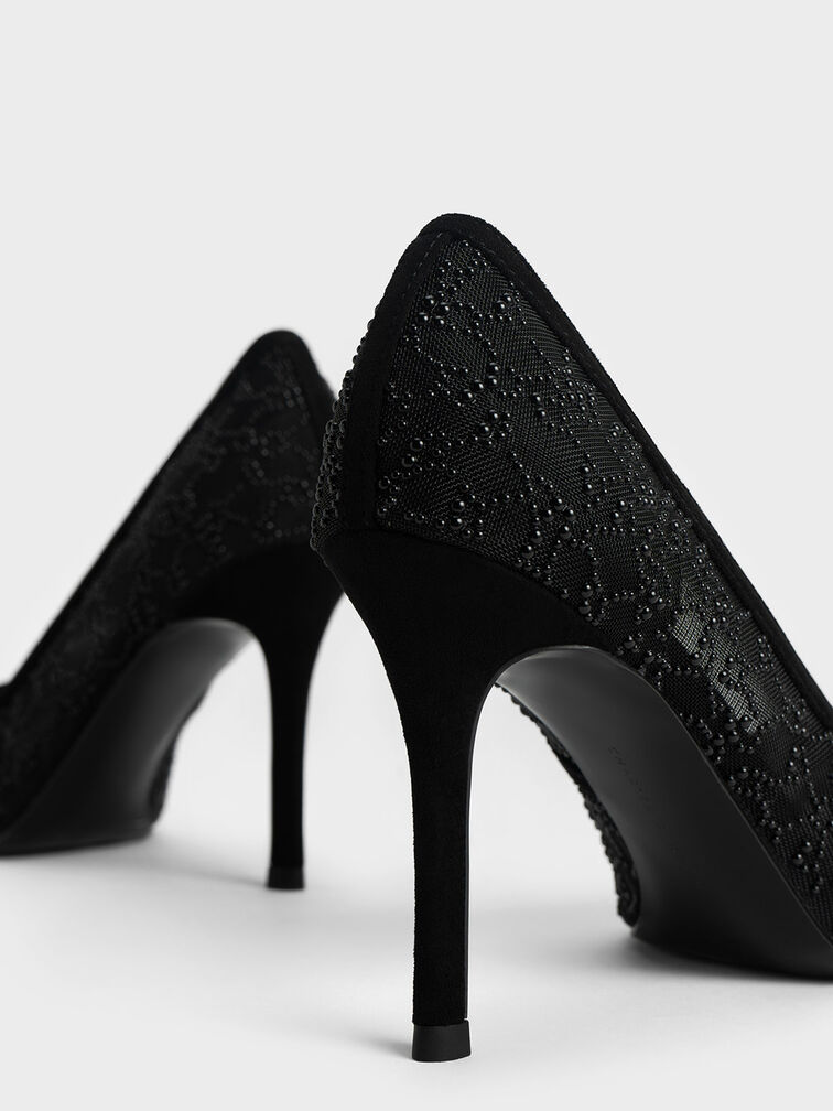 Bead-Embellished Mesh Pumps, Black, hi-res