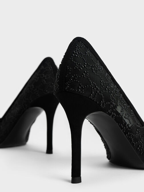 Bead-Embellished Mesh Pumps, Black, hi-res