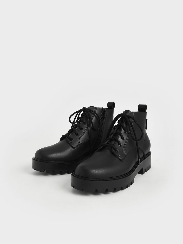 Lace-Up Chunky Ankle Boots, Black, hi-res