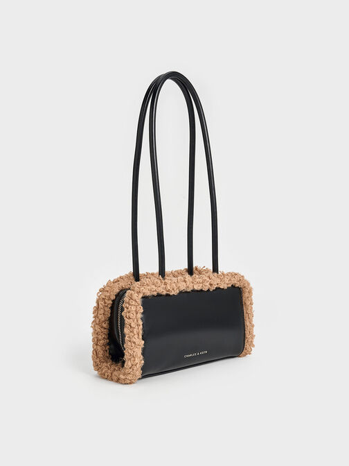 Fur-Trim Elongated-Handle Shoulder Bag, Camel, hi-res
