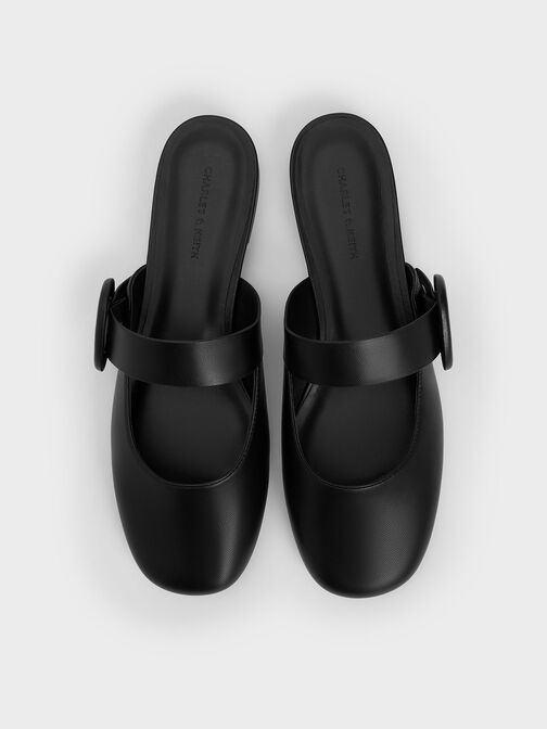 Oval-Buckle Flat Mules, Black, hi-res