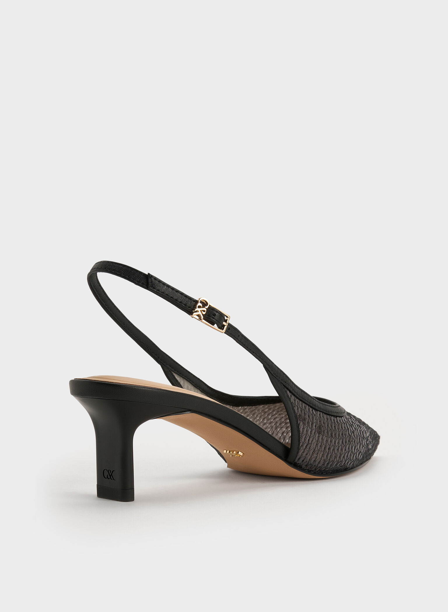 Sequin Mesh & Leather Slingback Kitten Heels, Black Textured, hi-res