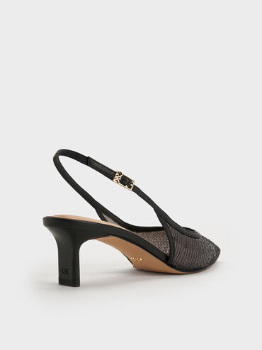 Sequin Mesh & Leather Slingback Kitten Heels, Black Textured, hi-res