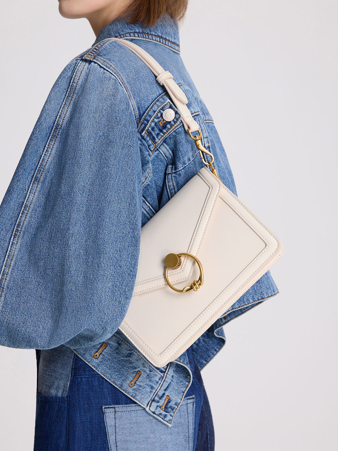 Joelle Ring Push-Lock Envelope Shoulder Bag, Cream, hi-res