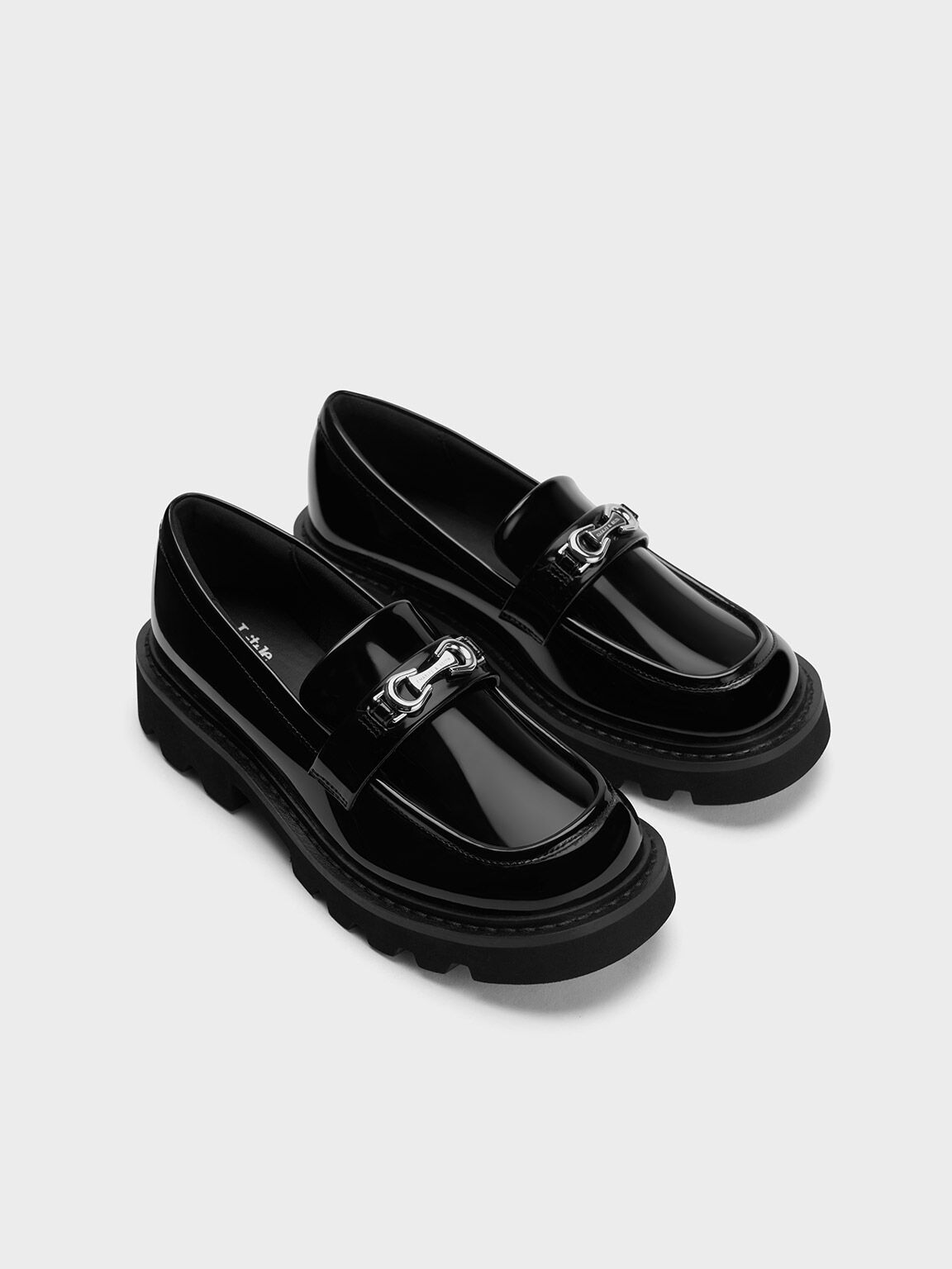Black Boxed Girls Metallic Accent Chunky Loafers CHARLES KEITH OM