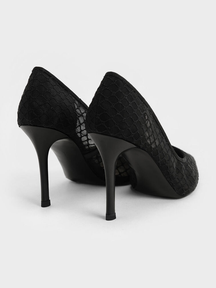 Mesh Stiletto Pumps, Black, hi-res