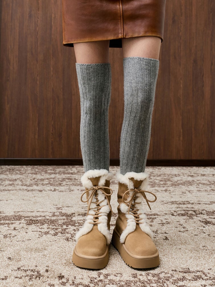 Faux Suede & Faux Fur Foldover Flatform Boots, Sand Faux Suede & Faux Fur Foldover Flatform Boots, Sand, hi-res