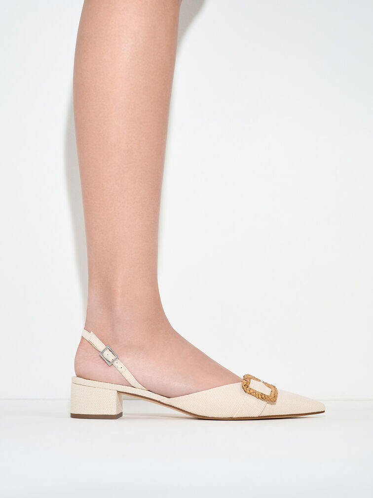 Woven-Buckle Slingback Pumps, Chalk, hi-res