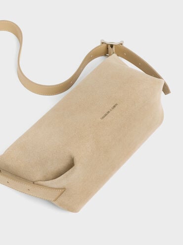 Zora Recycled Suede Buckle-Strap Slouchy Shoulder Bag, Nutmeg Beige, hi-res
