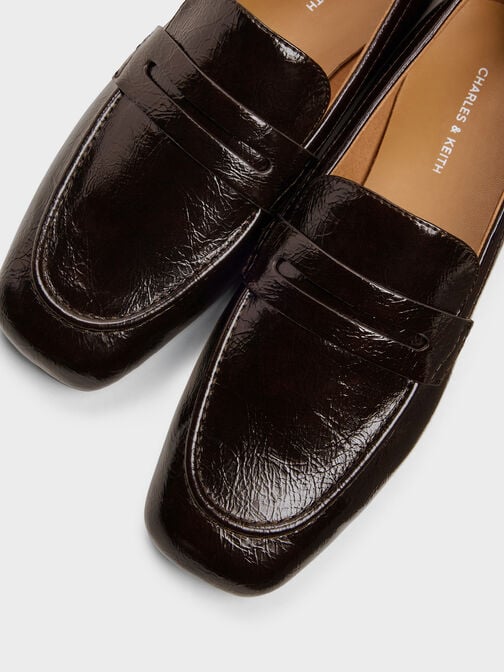 Crinkle-Effect Penny Loafers, Dark Brown, hi-res