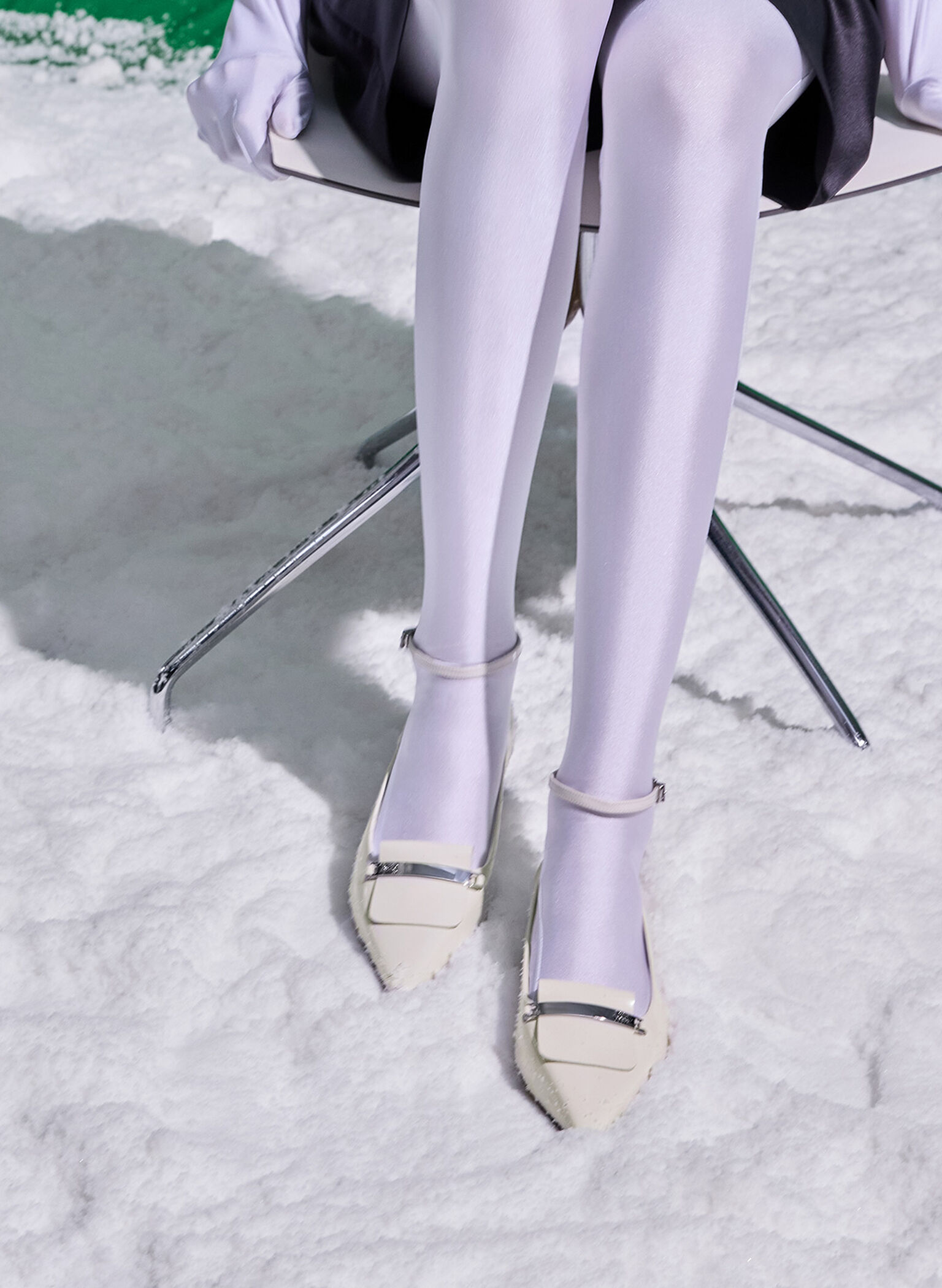 Leather Metallic-Accent Pointed-Toe Ankle-Strap Flats, Chalk, hi-res