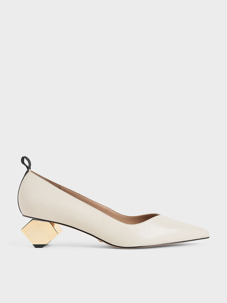 Leather Sculptural Heel Pumps, Chalk, hi-res