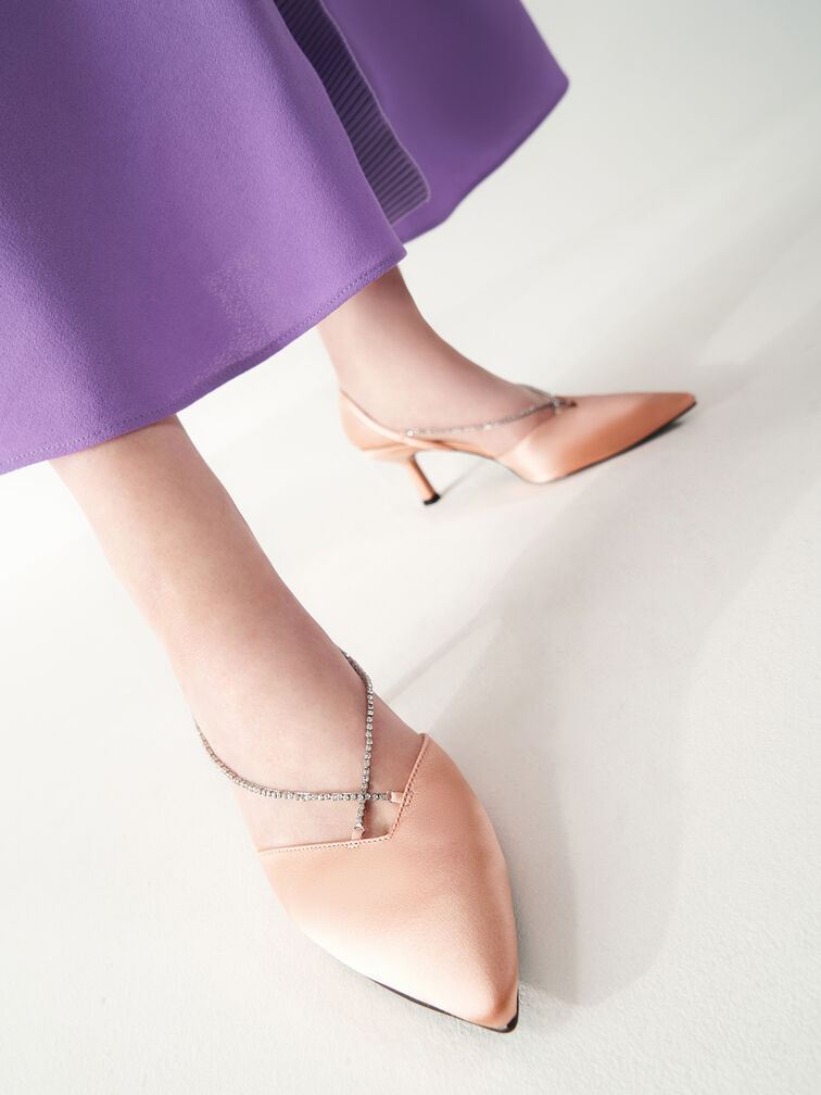 Recycled Polyester Gem-Strap Slingback Pumps, Blush, hi-res