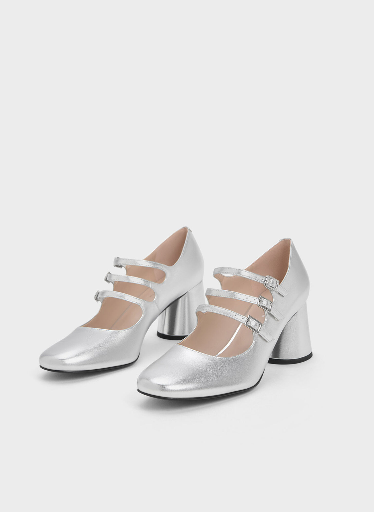 Claudie Metallic Buckled Mary Janes, Silver, hi-res