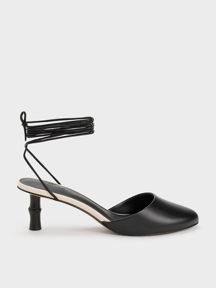 Bamboo Heel Tie-Around Pumps, Black, hi-res