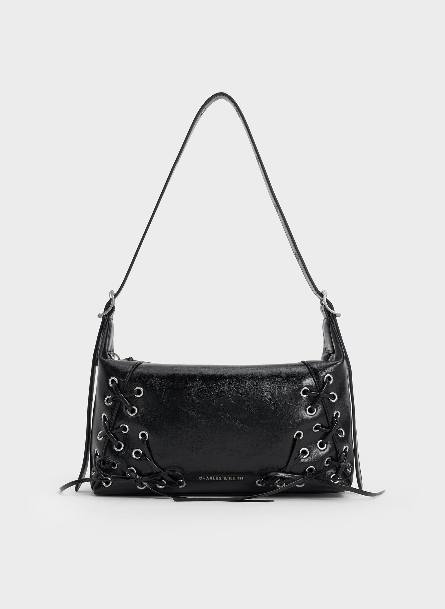 Bolso de hombro con cordones y ojales Xylia, Noir, hi-res