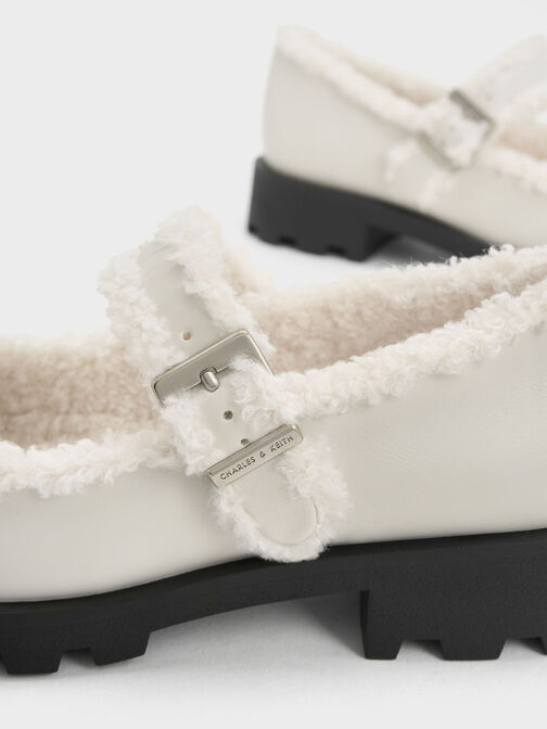 Fur-Trim Buckled Mary Janes, Chalk, hi-res