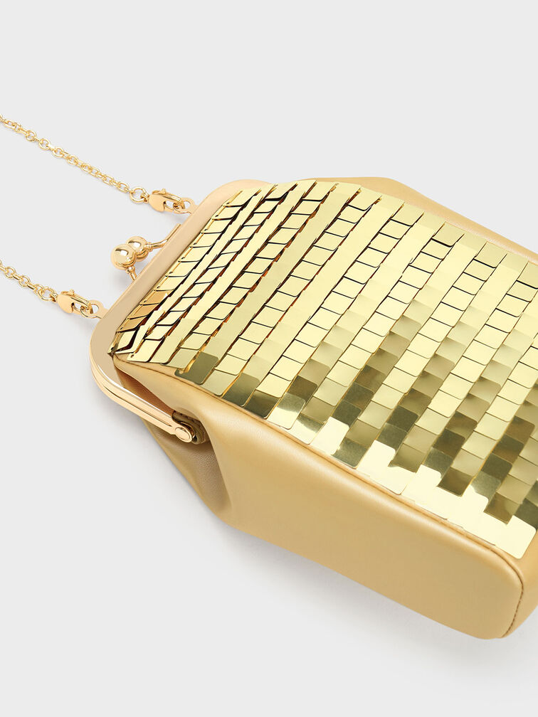 Disc-Embellished Chain Handle Pouch, Gold, hi-res