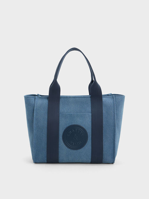 Large Kay Denim Contrast-Trim Tote Bag, Blue, hi-res