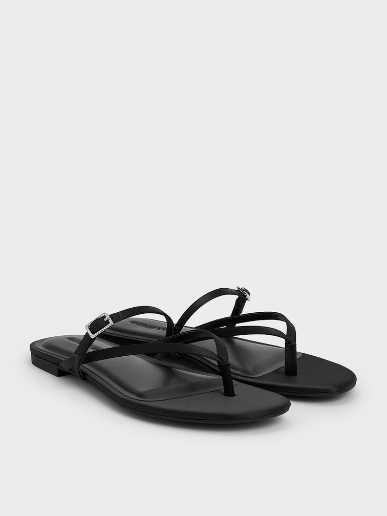 Satin Crystal-Buckle Strappy Thong Sandals, Black Textured, hi-res