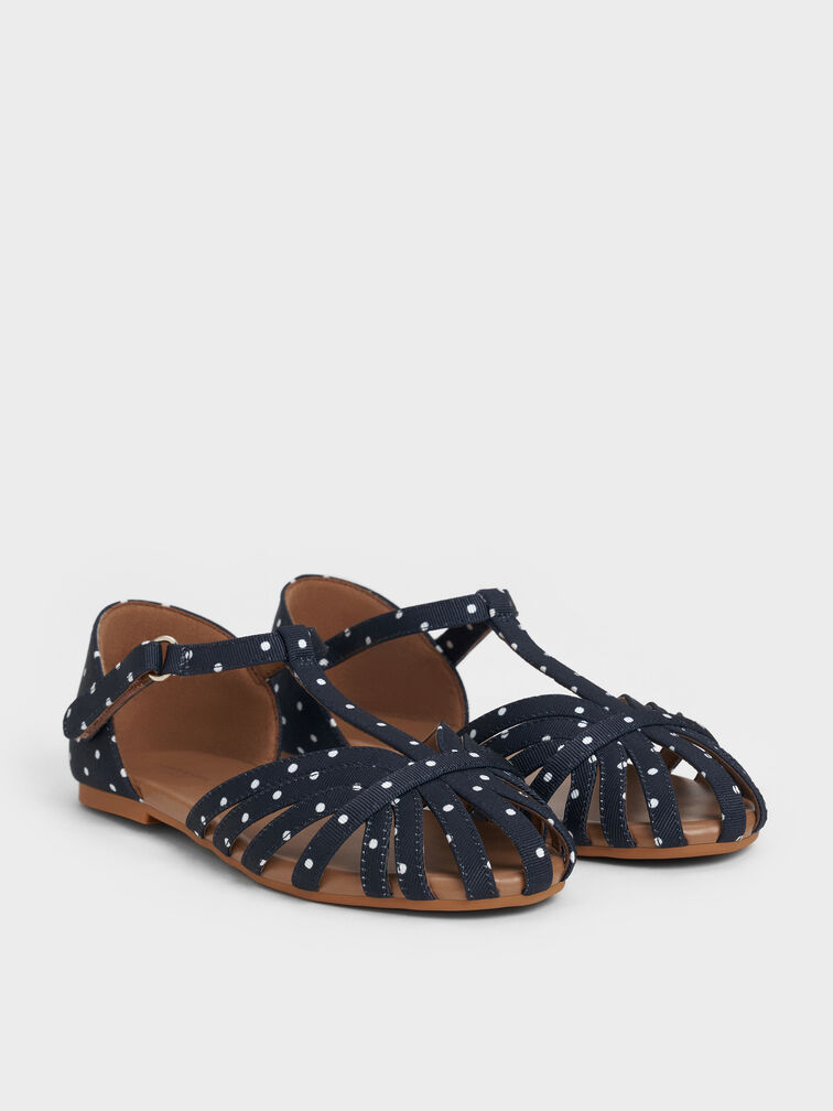Girls' Dotted Caged T-Bar Sandals, Dark Blue, hi-res