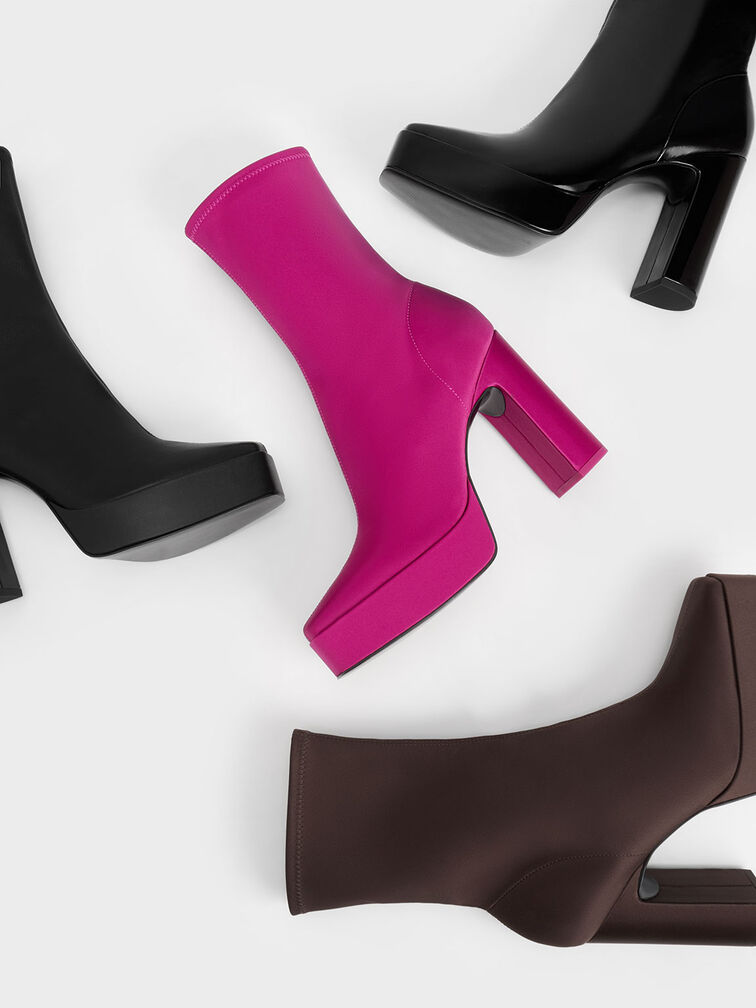 Satin Platform Block Heel Ankle Boots, Fuchsia, hi-res