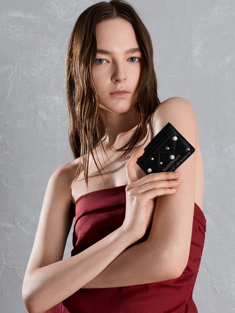 Janie Pearl-Embellished Quilted Card Holder, Black, hi-res