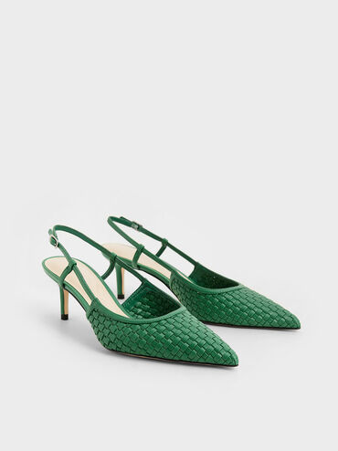 Woven Slingback Pumps, Green, hi-res