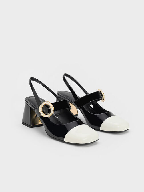 Patent Two-Tone Pearl Buckle Slingback Pumps, Black Patent, hi-res