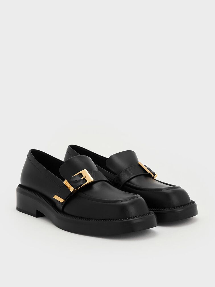 Mocasines de cuero con hebilla, Negro, hi-res