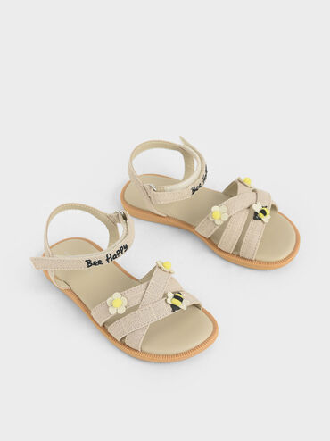 Girls' Bee Flat Sandals, Beige, hi-res