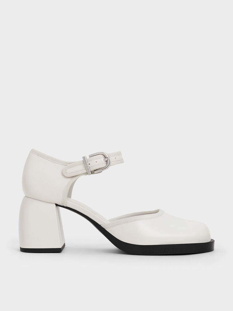 Block-Heel Ankle-Strap D'Orsay Pumps, White, hi-res