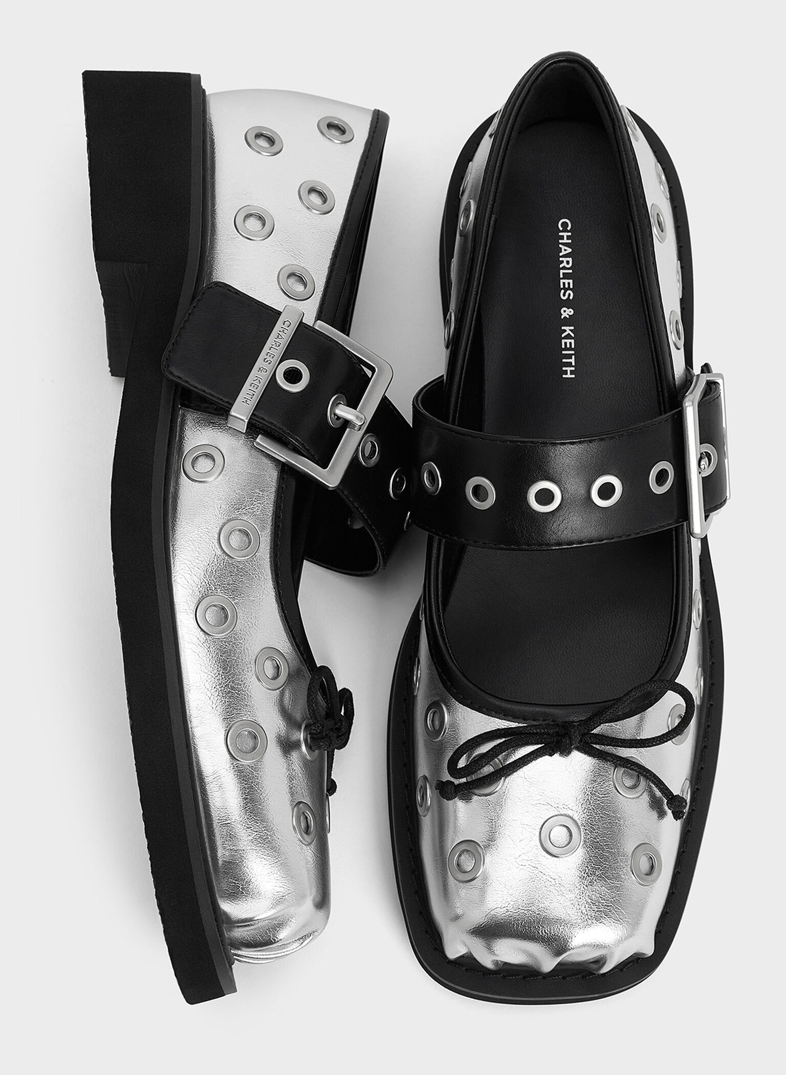 Metallic Grommet Buckled Mary Janes, Silver, hi-res
