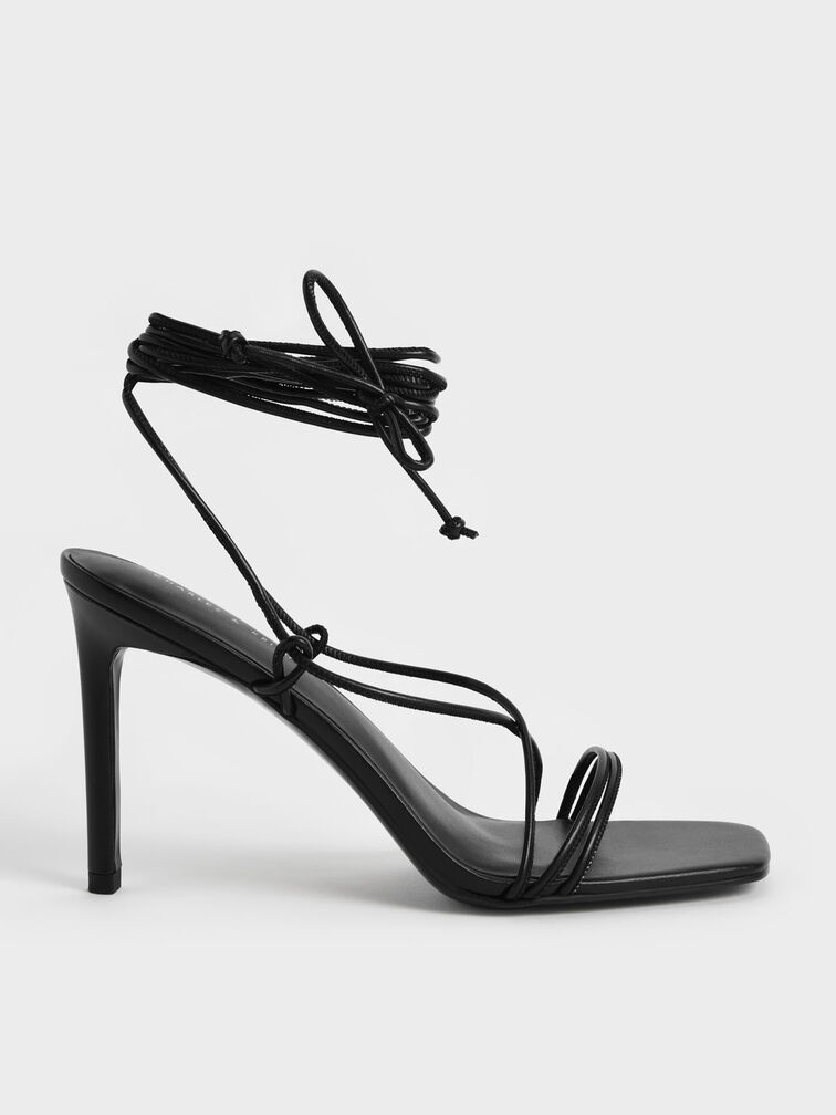 Strappy Tie-Around Stiletto Sandals, Black, hi-res