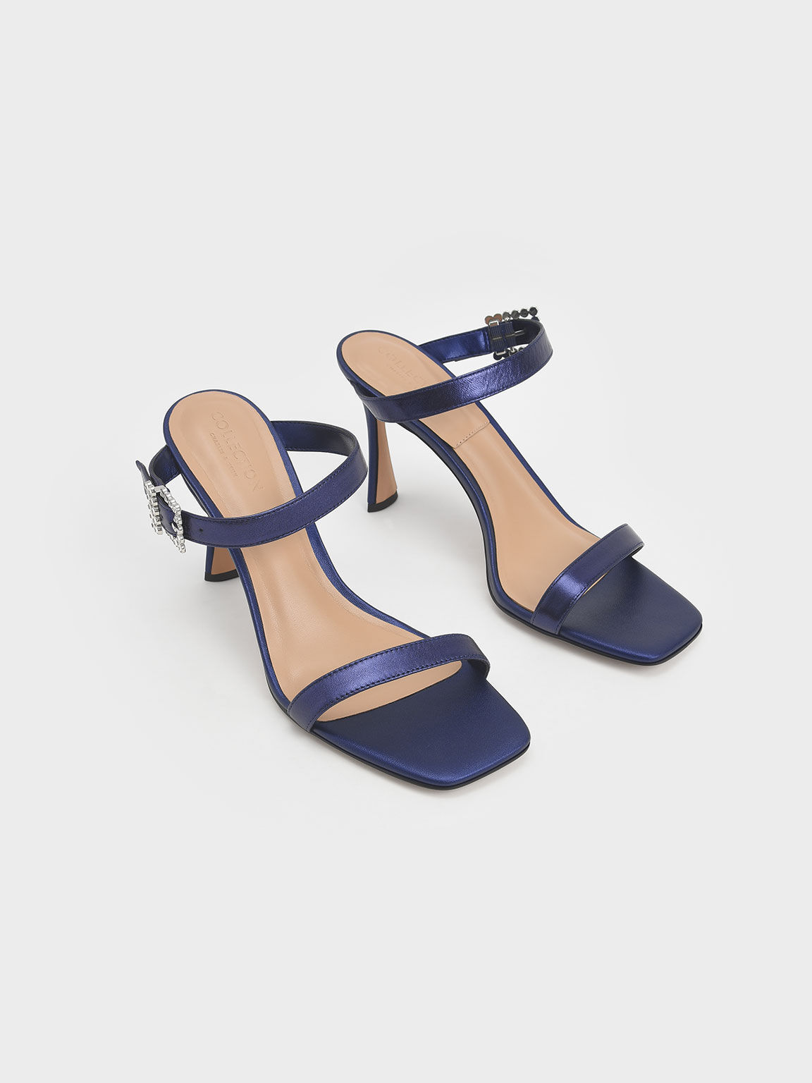 Leather Gem-Embellished Blade Heel Sandals, Blue, hi-res