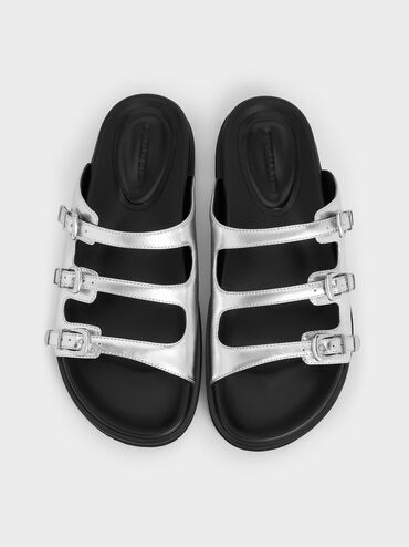 Samala Metallic Buckled Triple-Strap Sandals, Silver, hi-res