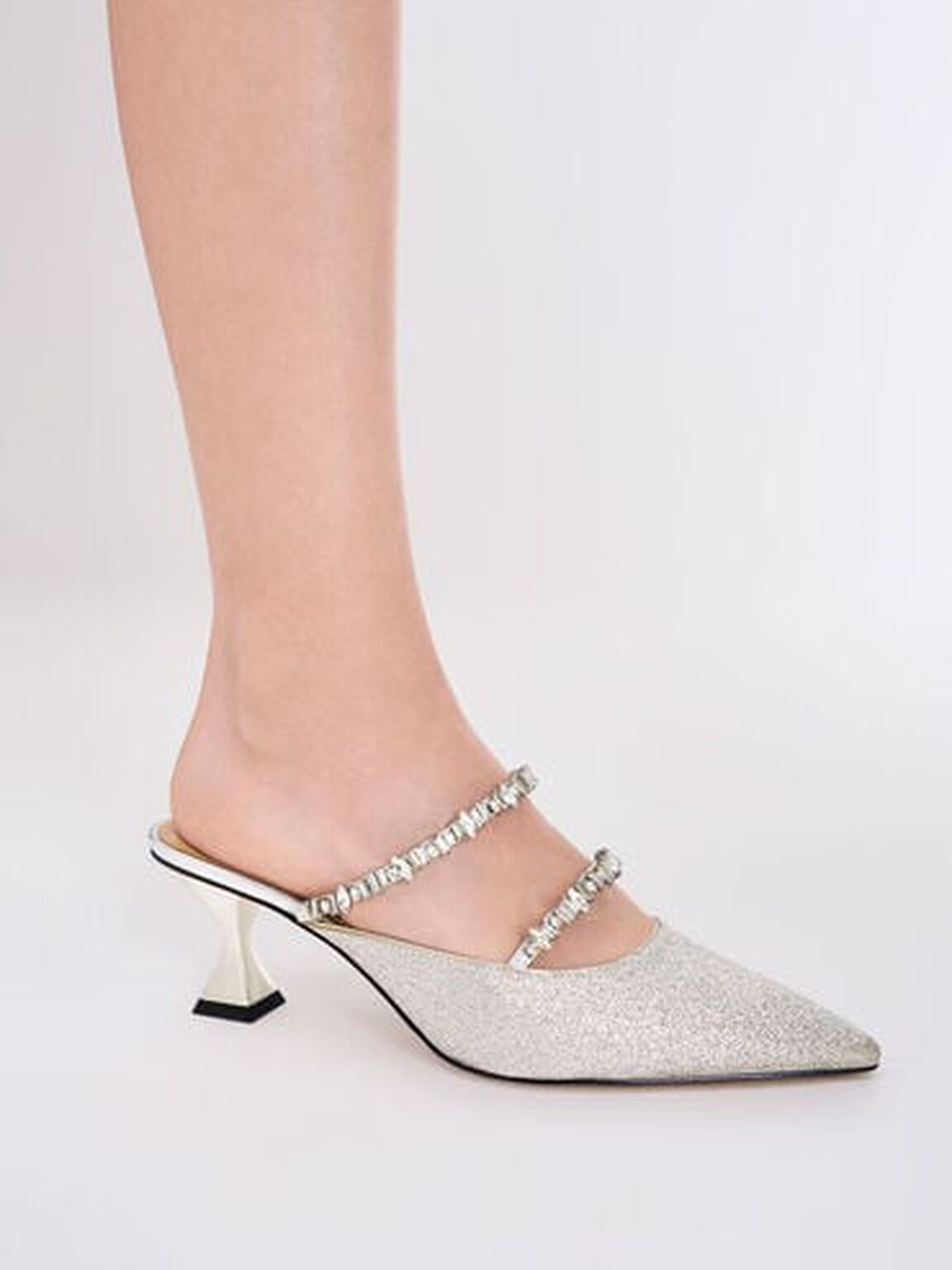 Gem-Encrusted Metallic Glittered Mules, Silver, hi-res