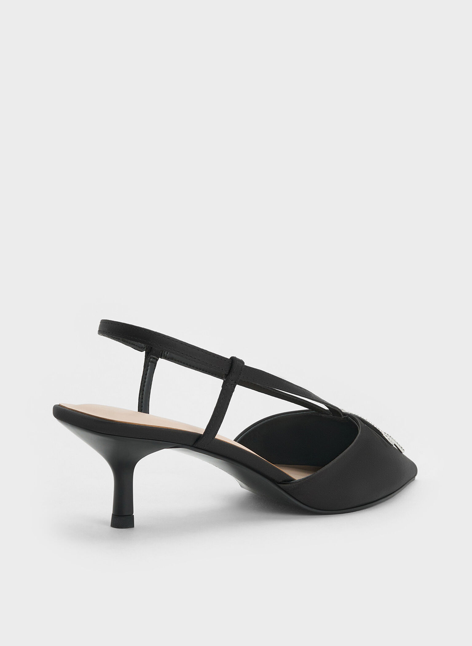 Recycled Polyester Crystal-Bow Kitten-Heel Slingback Pumps, Black Textured, hi-res