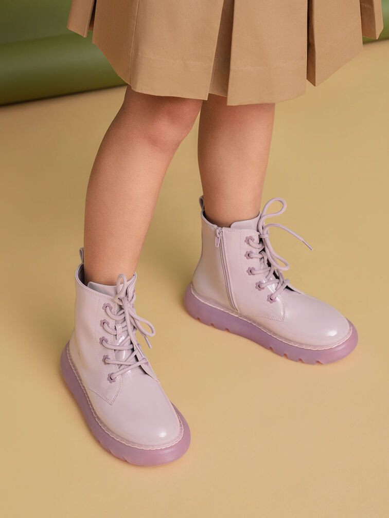 Girls' Patent Lace-Up Boots, Lilac, hi-res