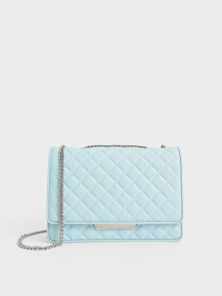 Double Chain Handle Quilted Bag, Light Blue, hi-res