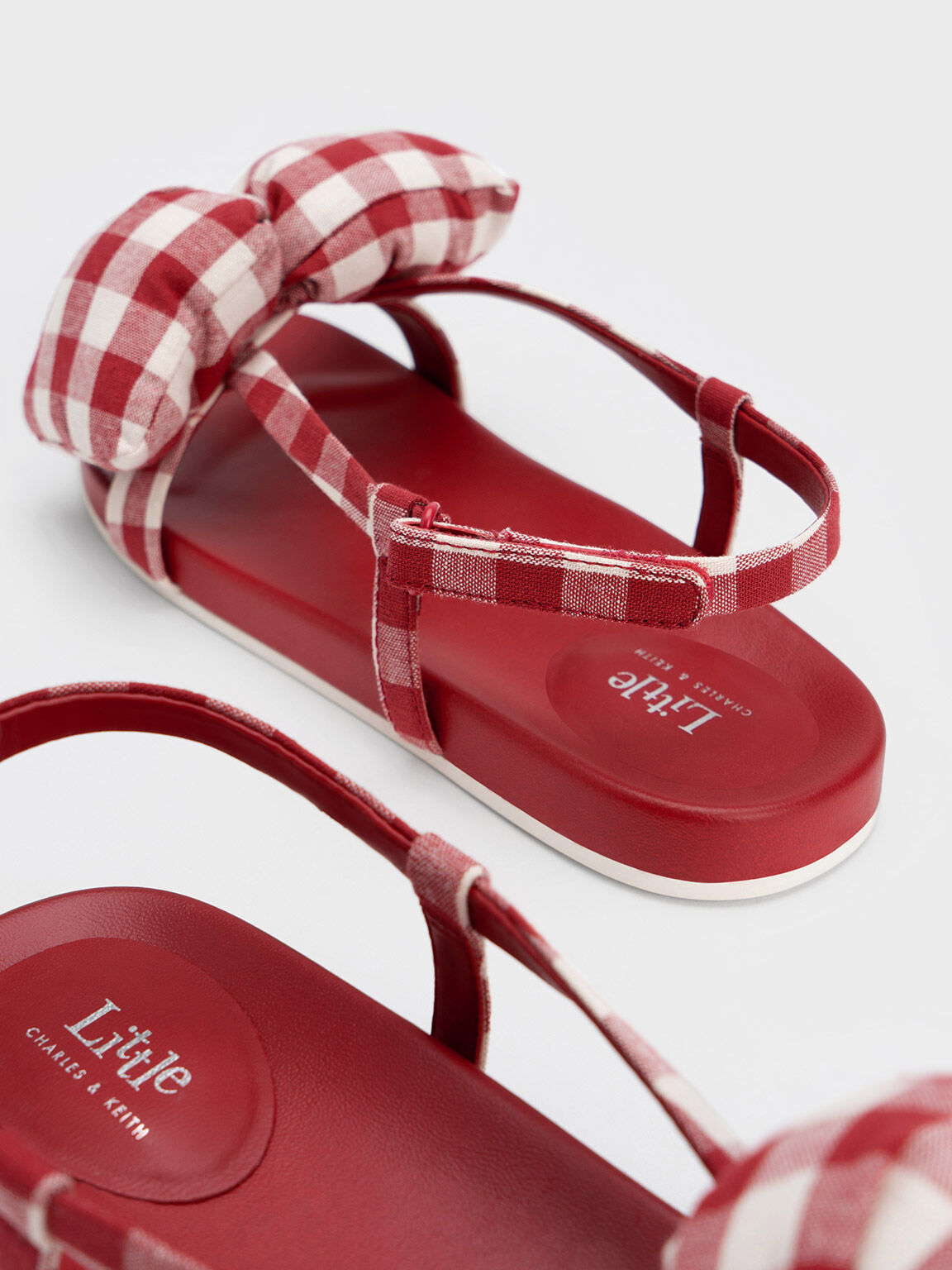 Girls' Checkered Puffy Bow Sandals, Red, hi-res