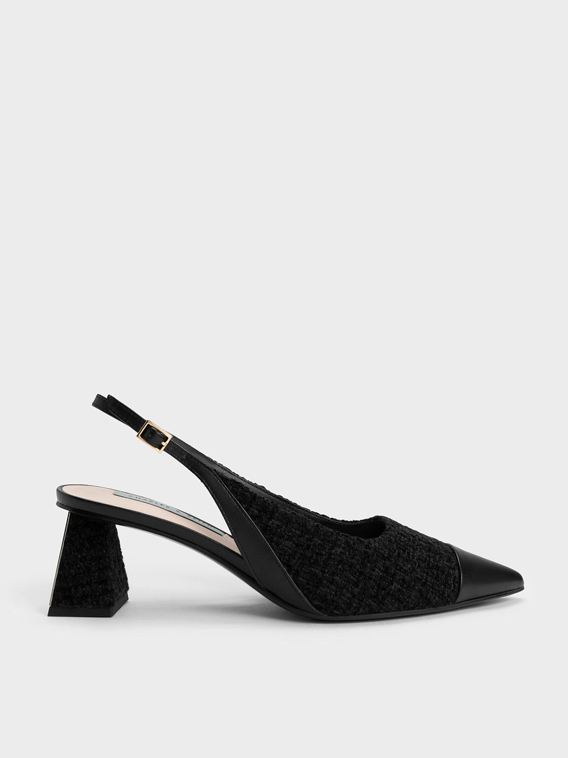 Tweed Toe Cap Slingback Pumps, Black Textured, hi-res