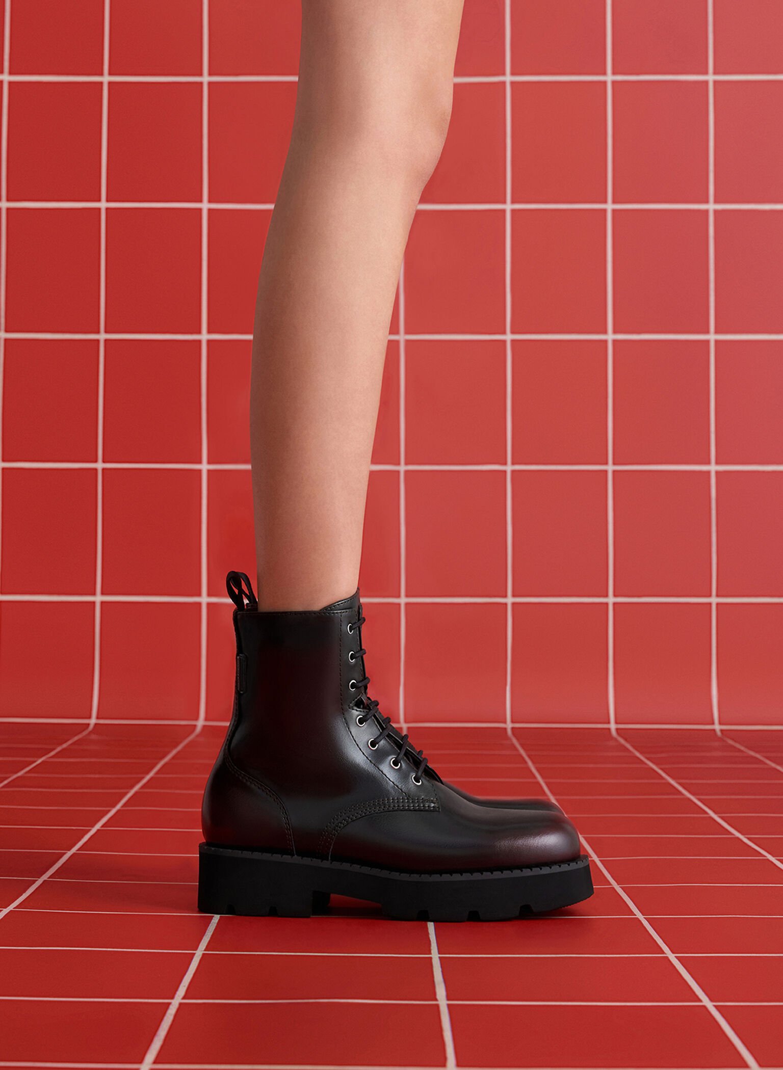 Ridged-Sole Lace-Up Combat Boots, Burgundy, hi-res