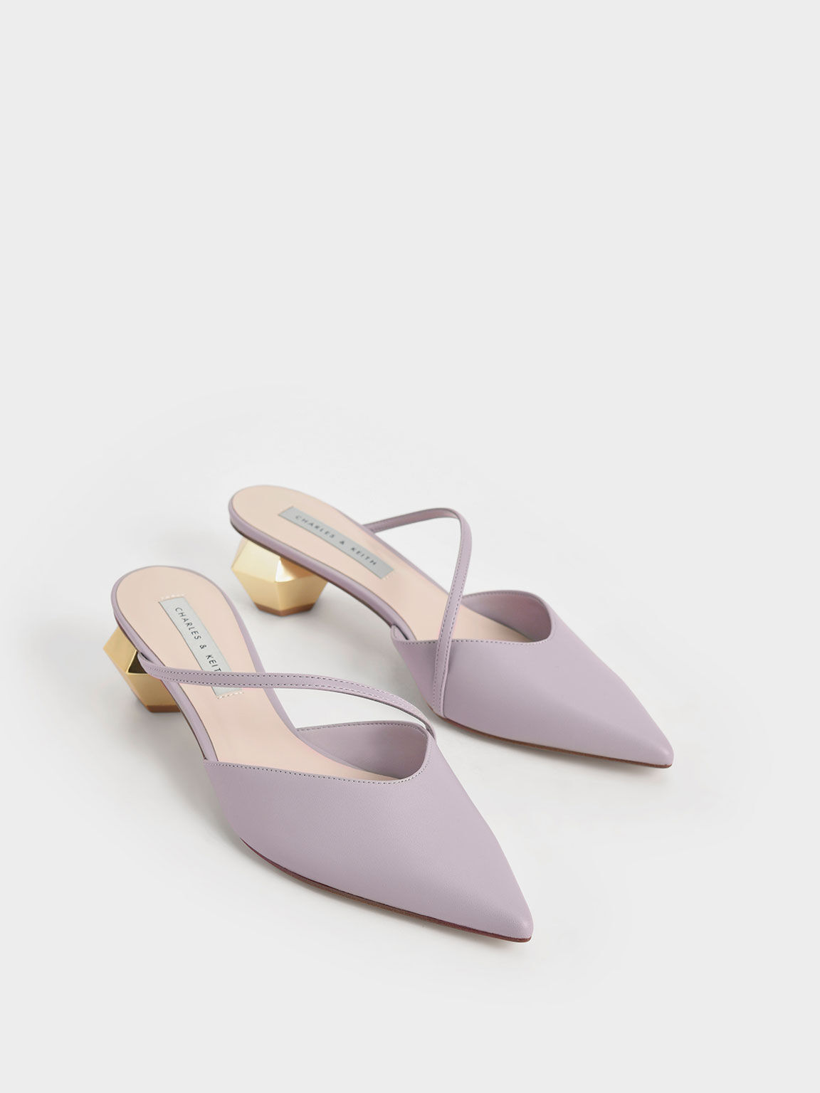 Asymmetric Strap Chrome Heel Mules, Lilac, hi-res