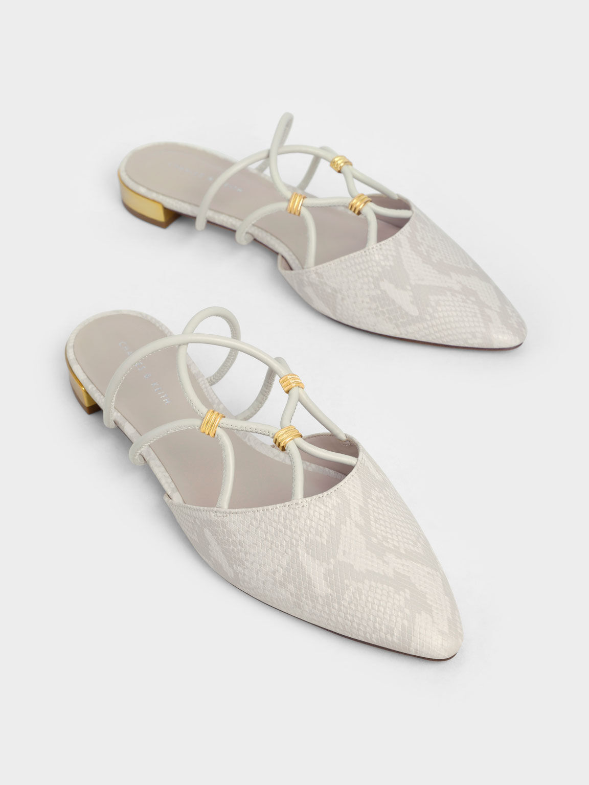 Snake-Print Strappy Flat Mules, Animal Print White, hi-res