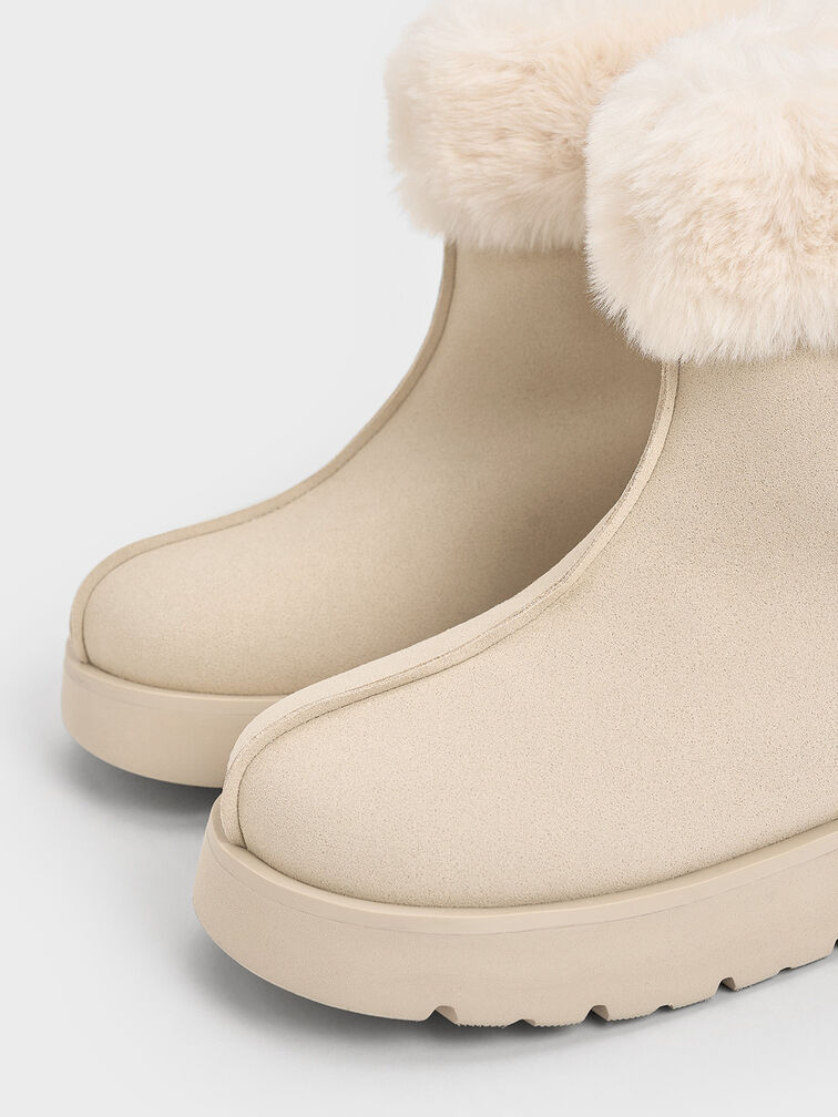 Girls' Faux Suede Fur-Trim Ankle Boots, Beige, hi-res