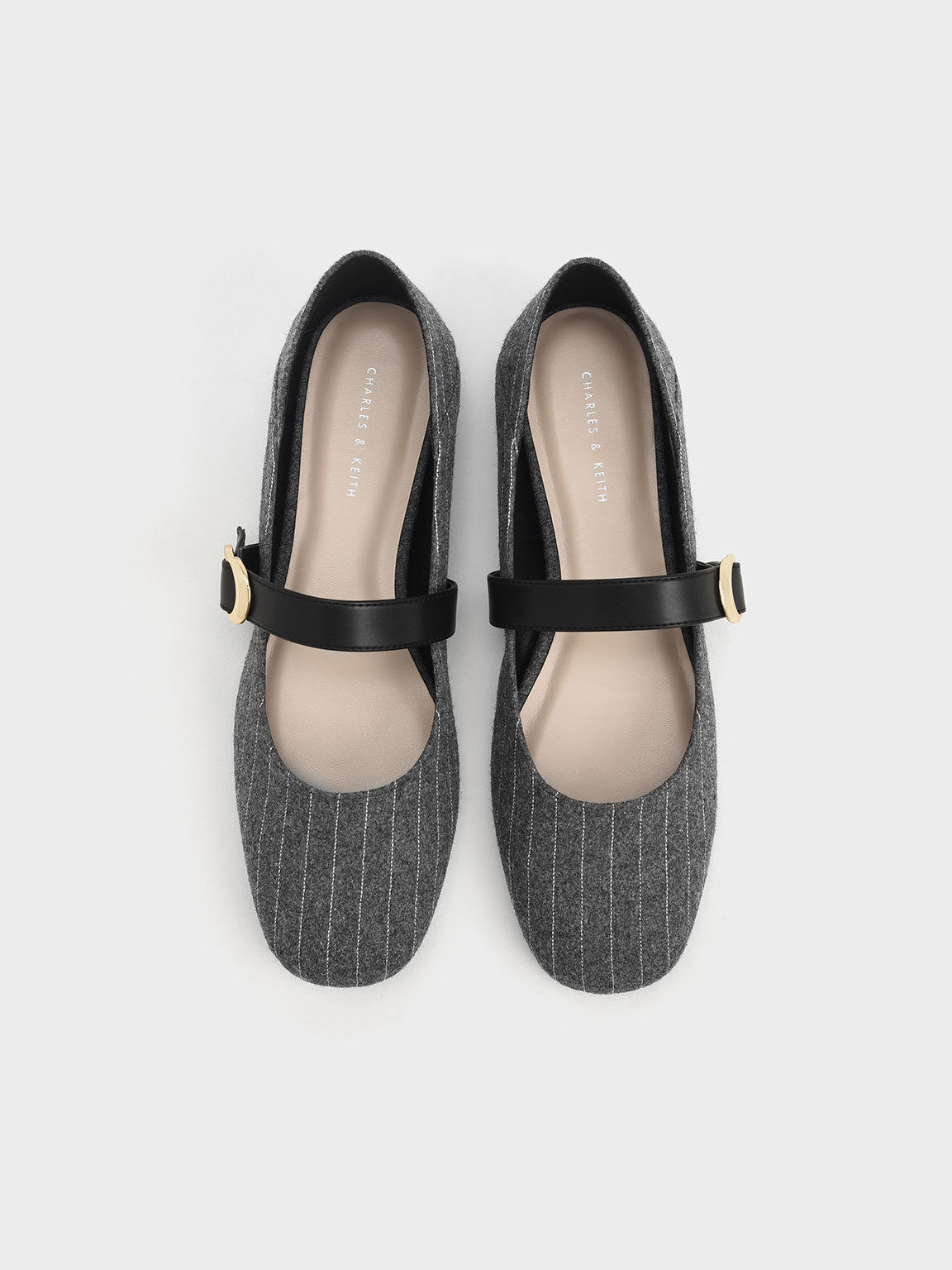 雙Ｃ釦條紋瑪莉珍鞋, 灰色, hi-res