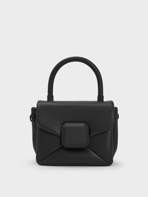 Geometric Push-Lock Top Handle Bag, Black, hi-res