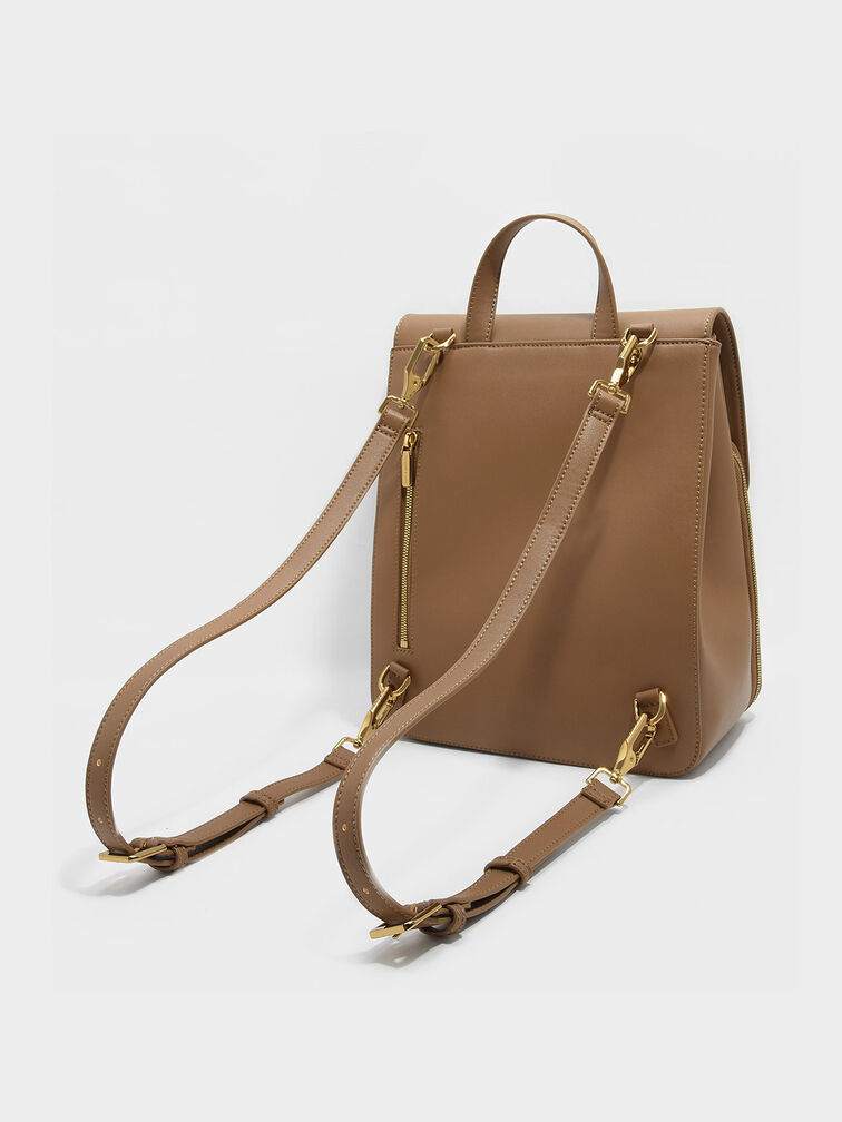 Front Flap Structured Backpack, Brown, hi-res
